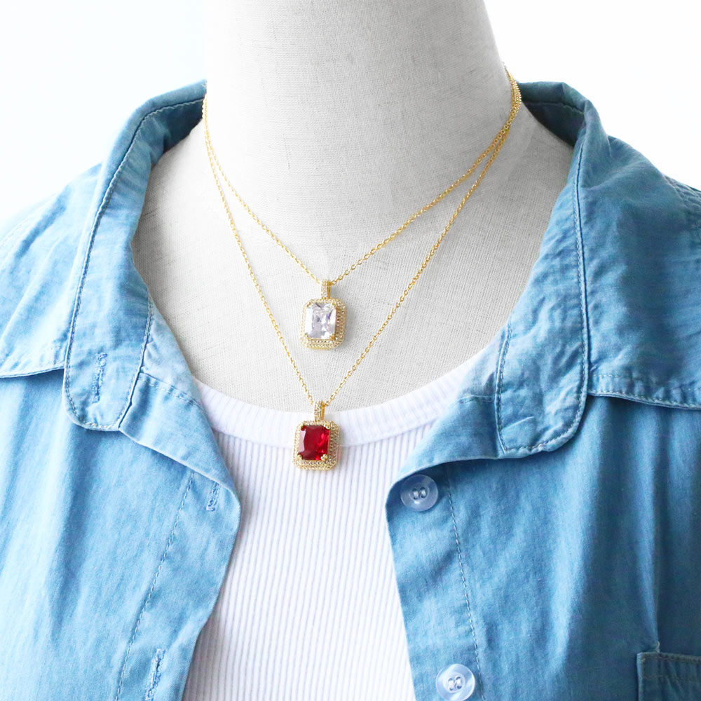 Square Copper Plating Inlay Zircon 18K Gold Plated Pendant Necklace