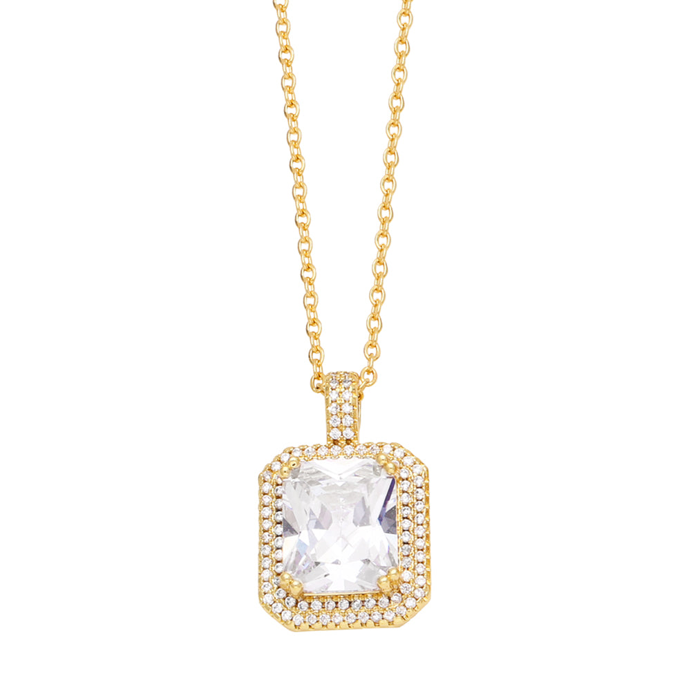 Square Copper Plating Inlay Zircon 18K Gold Plated Pendant Necklace
