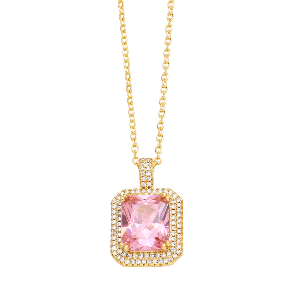 Square Copper Plating Inlay Zircon 18K Gold Plated Pendant Necklace