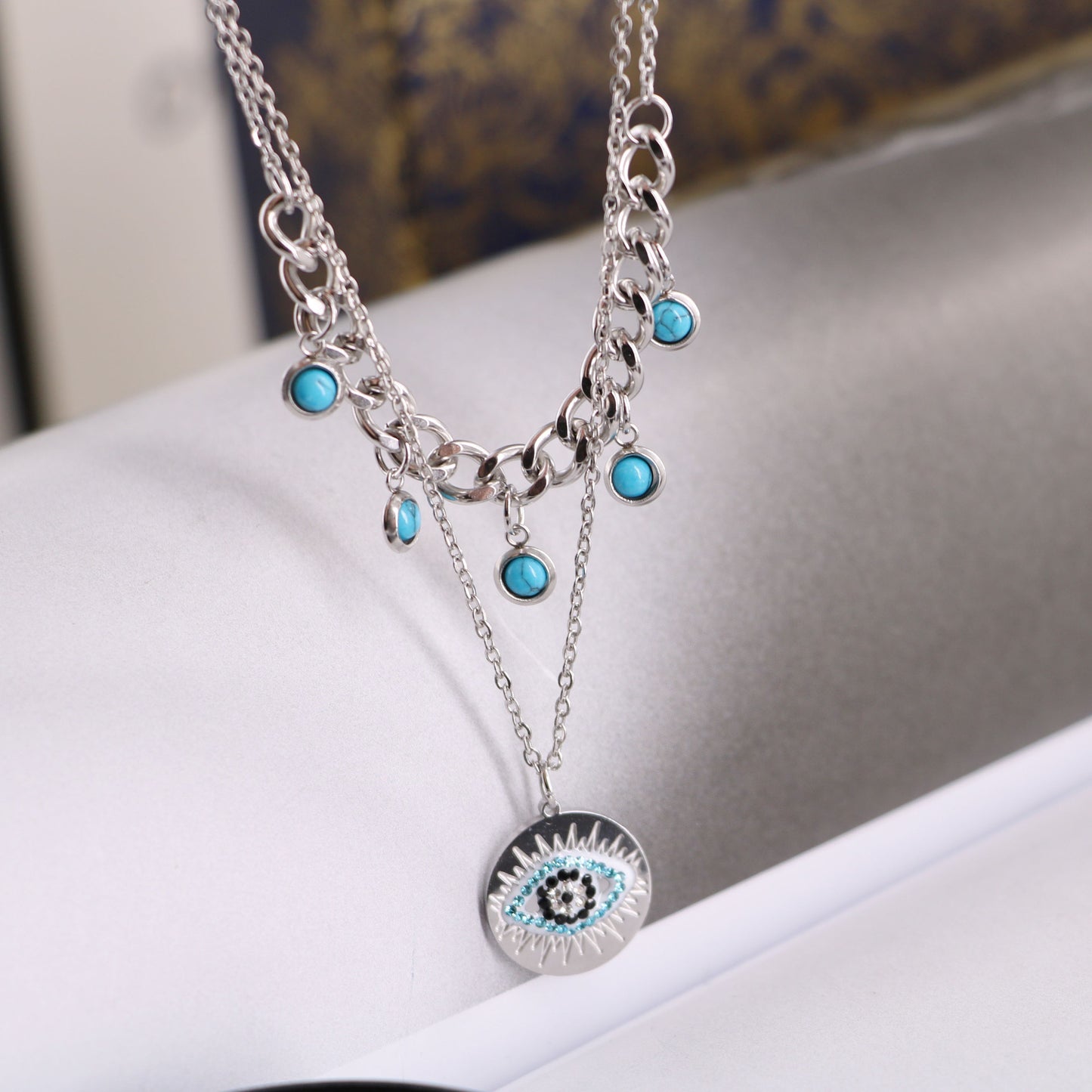 Round Devil'S Eye Titanium Steel Turquoise Layered Necklaces
