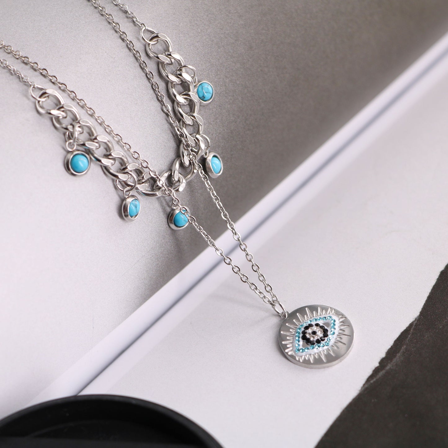 Round Devil'S Eye Titanium Steel Turquoise Layered Necklaces