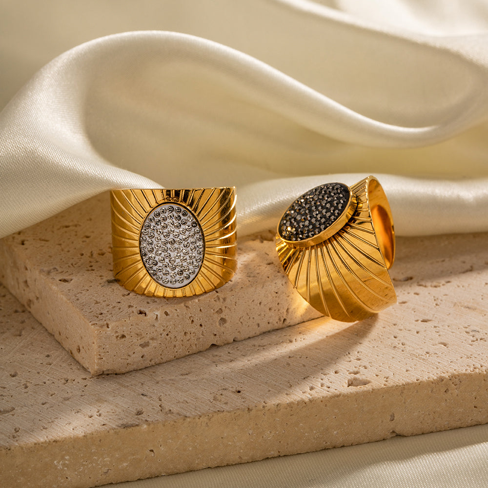 Retro Oval Stainless Steel Plating Inlay Rhinestones 18K Gold Plated Wide Band Ring