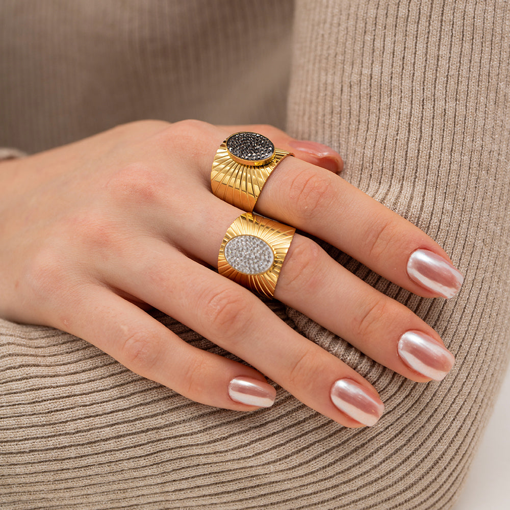 Retro Oval Stainless Steel Plating Inlay Rhinestones 18K Gold Plated Wide Band Ring