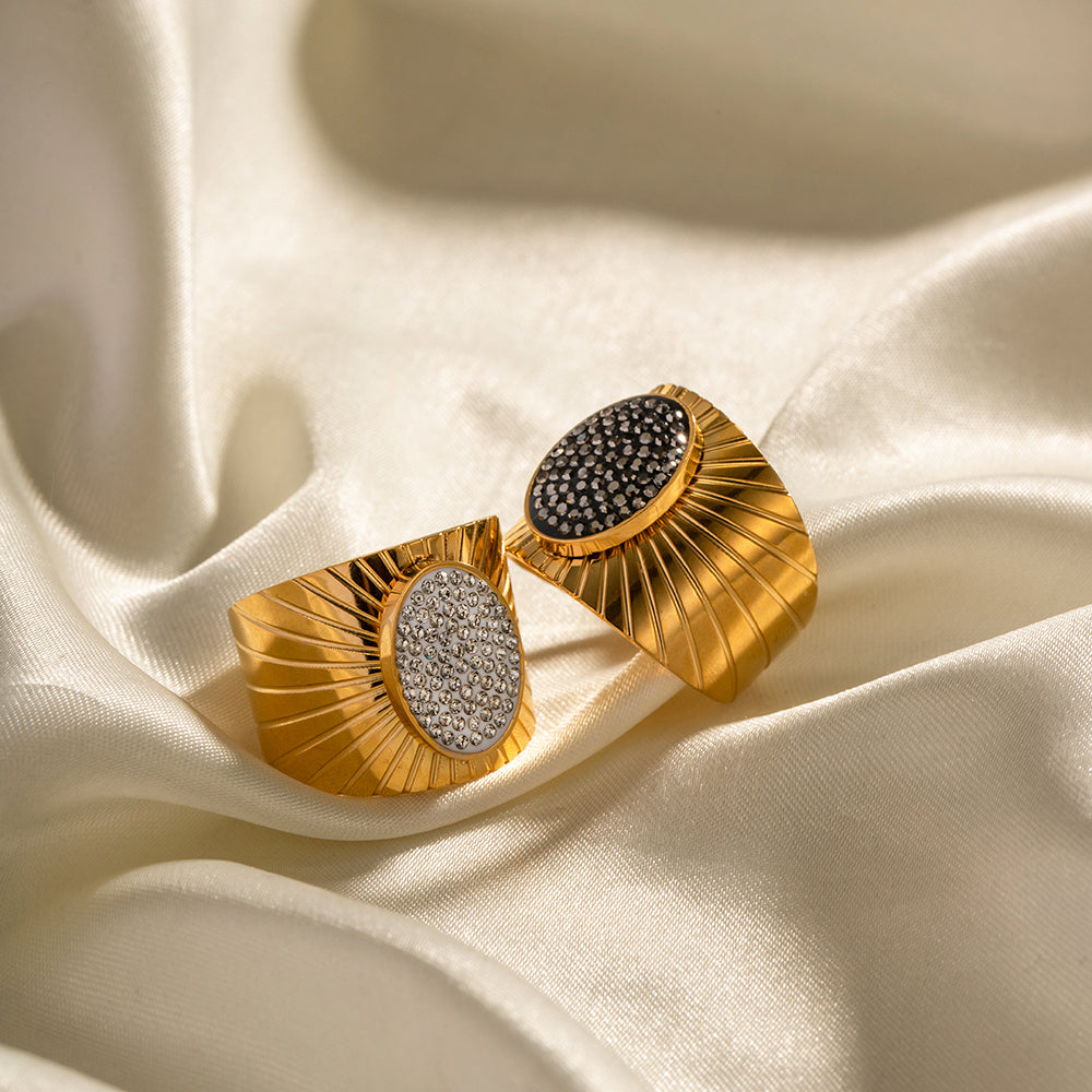 Retro Oval Stainless Steel Plating Inlay Rhinestones 18K Gold Plated Wide Band Ring