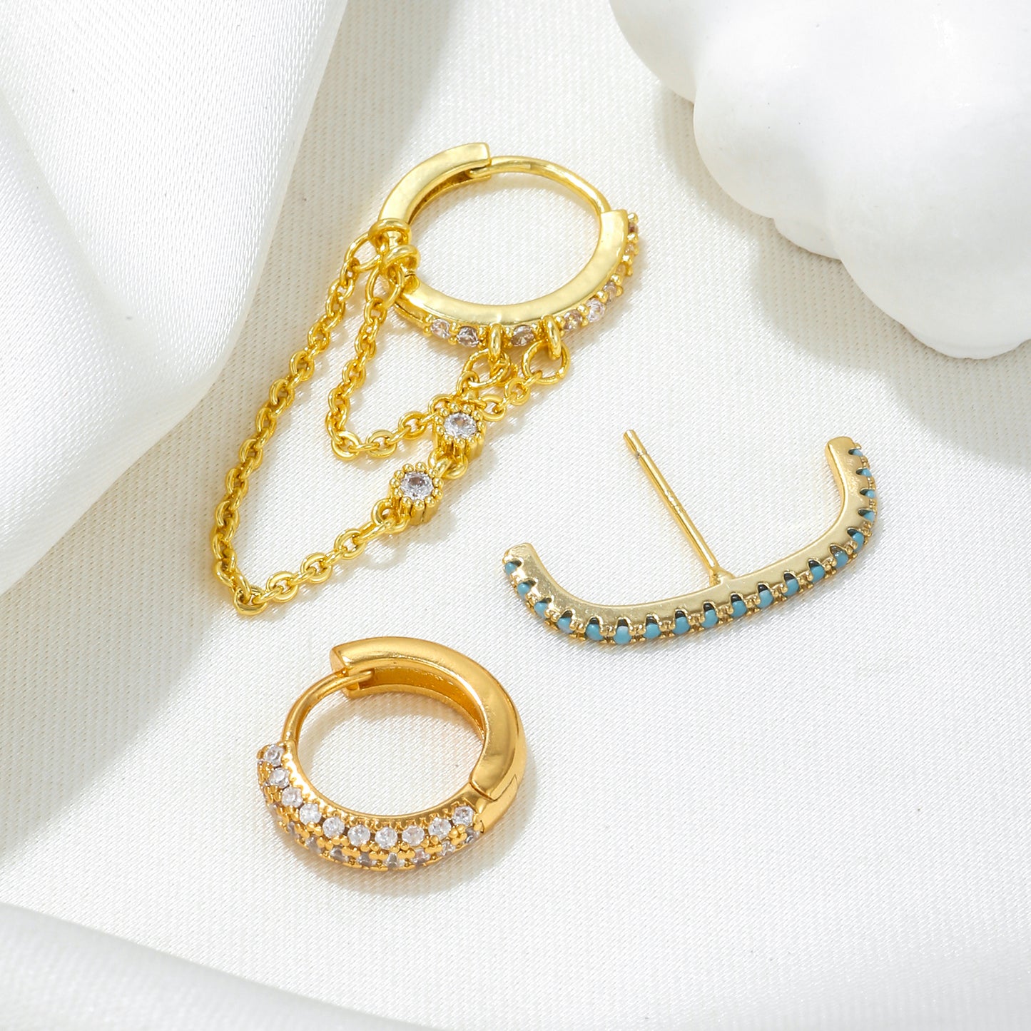 3 Piece Set Pastoral Simple Style Round Plating Inlay Brass Zircon 18K Gold Plated Earrings