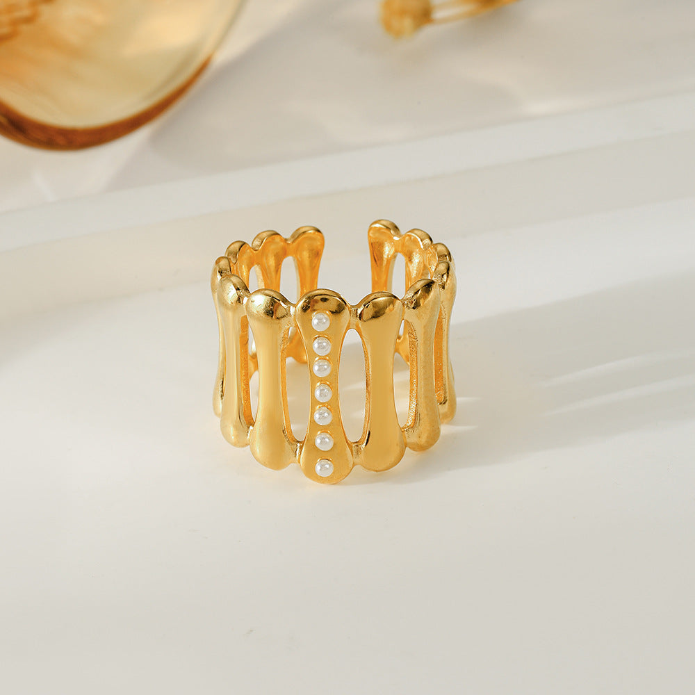 Lady Geometric Stainless Steel Artificial Pearls Open Ring