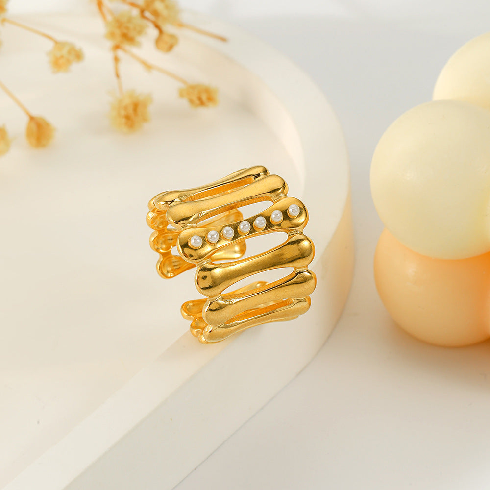 Lady Geometric Stainless Steel Artificial Pearls Open Ring