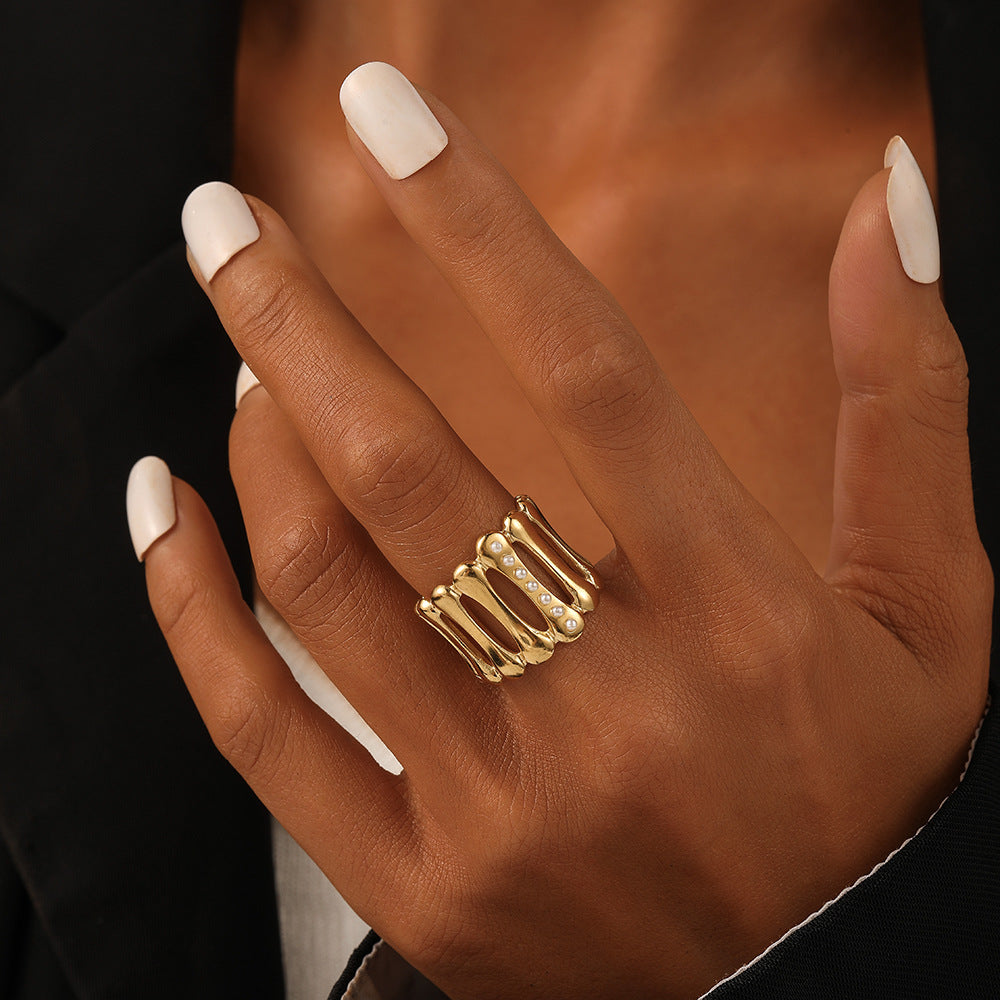 Lady Geometric Stainless Steel Artificial Pearls Open Ring
