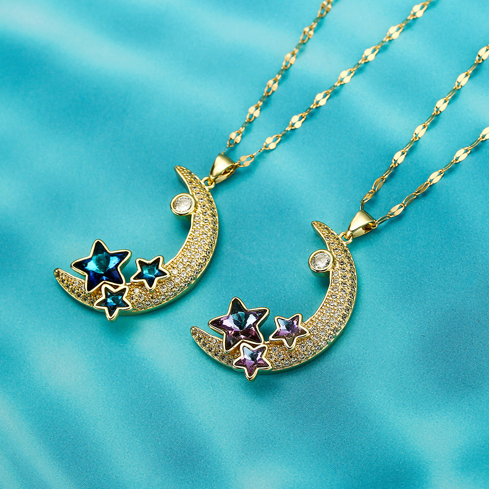 Star Moon Copper Plating Inlay Zircon 18K Gold Plated Pendant Necklace
