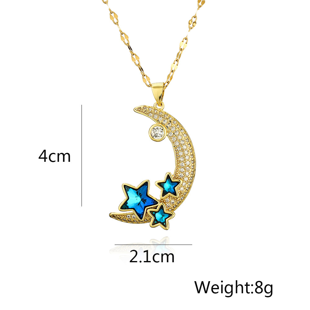 Star Moon Copper Plating Inlay Zircon 18K Gold Plated Pendant Necklace