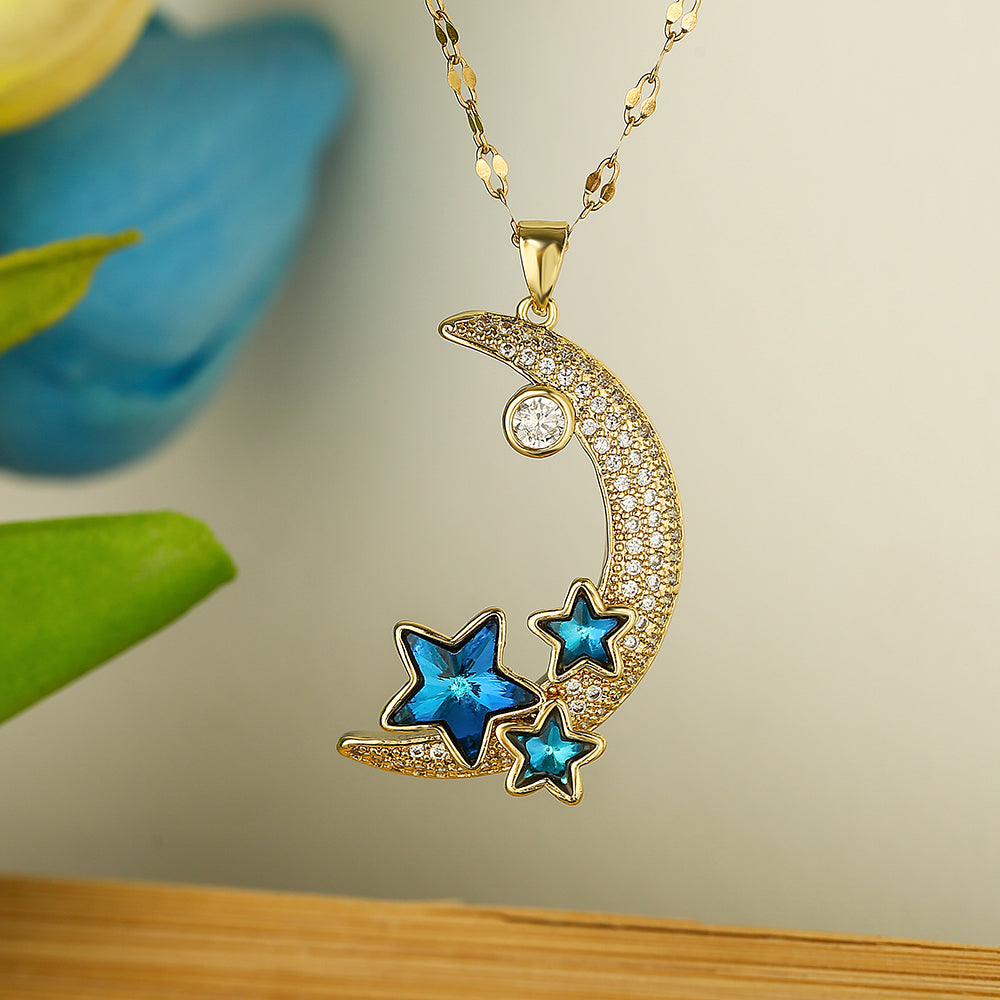 Star Moon Copper Plating Inlay Zircon 18K Gold Plated Pendant Necklace