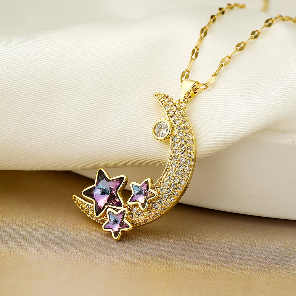 Star Moon Copper Plating Inlay Zircon 18K Gold Plated Pendant Necklace