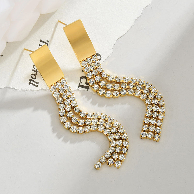 Tassel Plating Inlay Stainless Steel Zircon 18K Gold Plated Drop Earrings