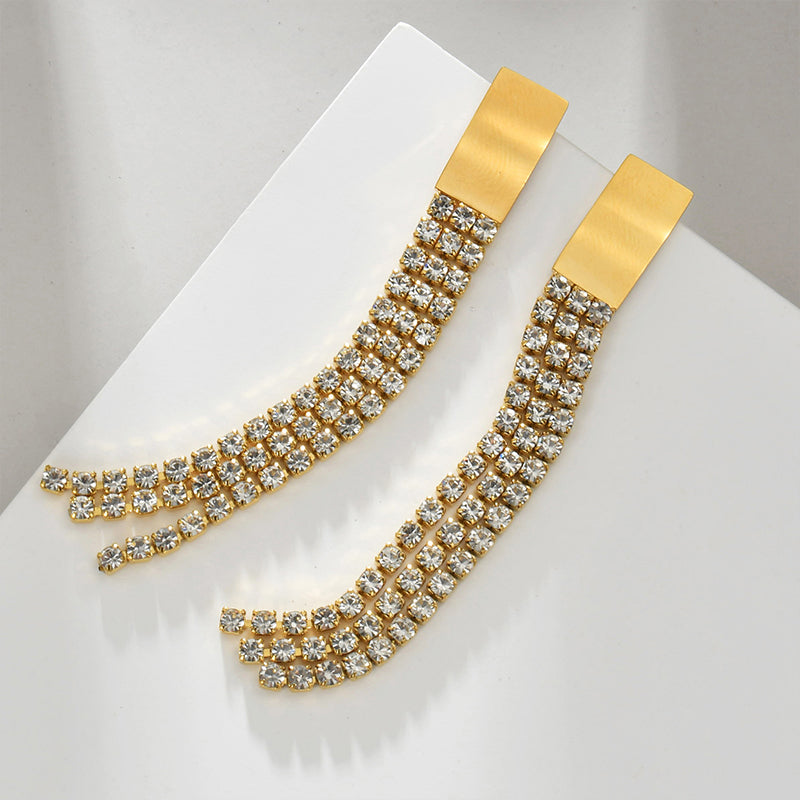 Tassel Plating Inlay Stainless Steel Zircon 18K Gold Plated Drop Earrings