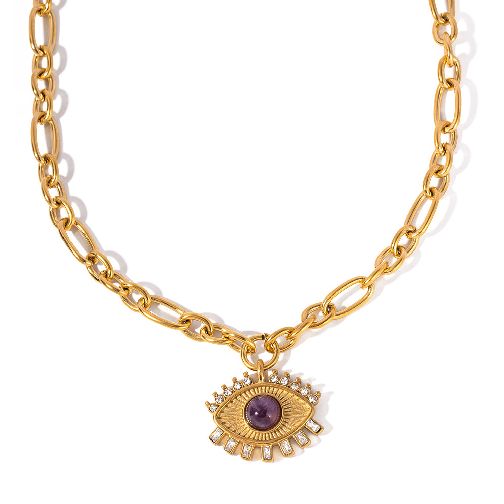 IG Style Devil'S Eye Stainless Steel 18K Gold Plated Natural Stone Pendant Necklace