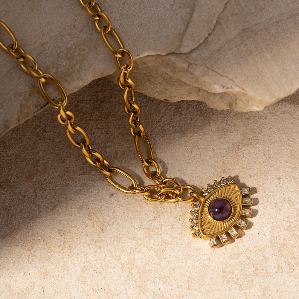 IG Style Devil'S Eye Stainless Steel 18K Gold Plated Natural Stone Pendant Necklace