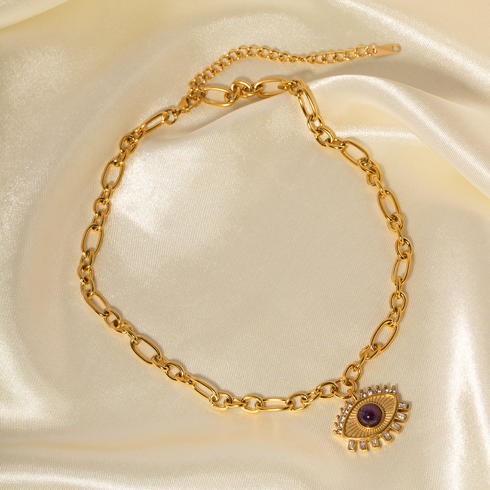 IG Style Devil'S Eye Stainless Steel 18K Gold Plated Natural Stone Pendant Necklace