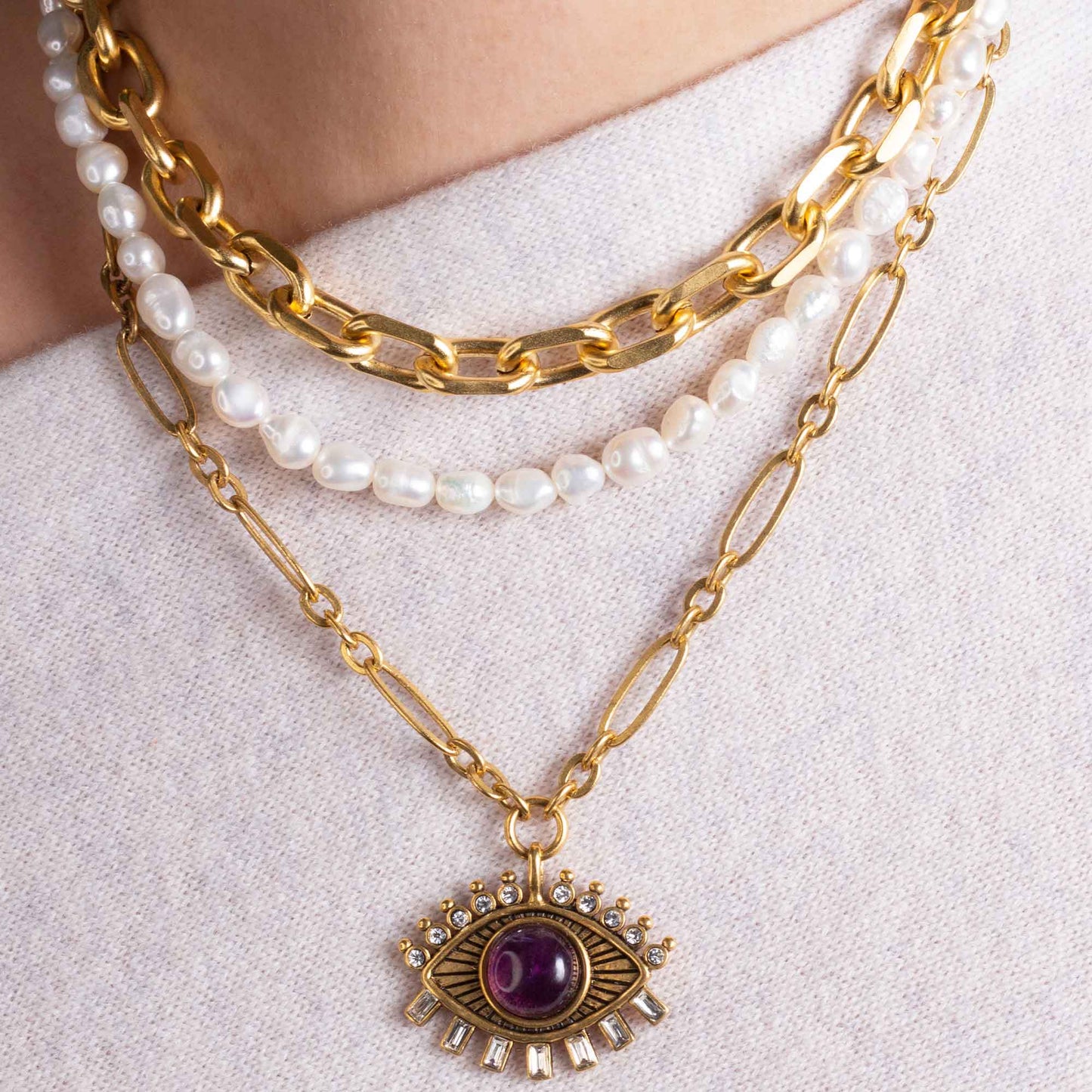IG Style Devil'S Eye Stainless Steel 18K Gold Plated Natural Stone Pendant Necklace