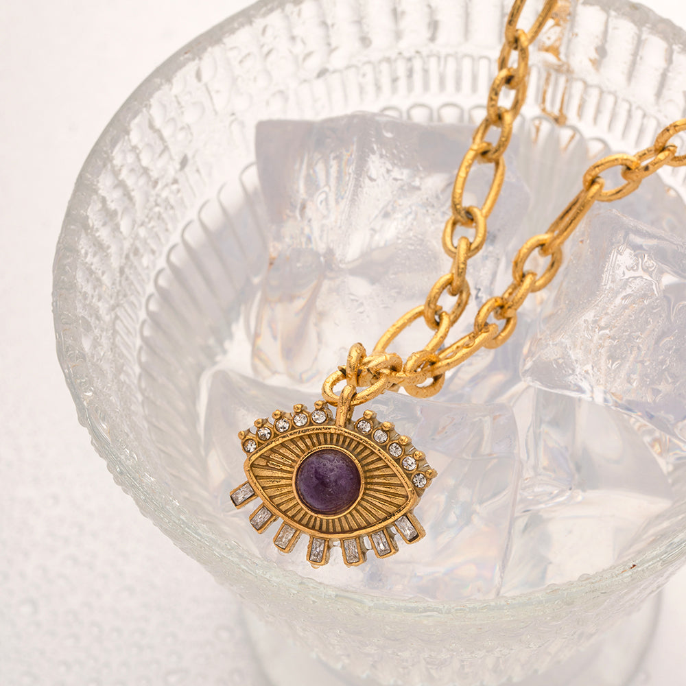 IG Style Devil'S Eye Stainless Steel 18K Gold Plated Natural Stone Pendant Necklace