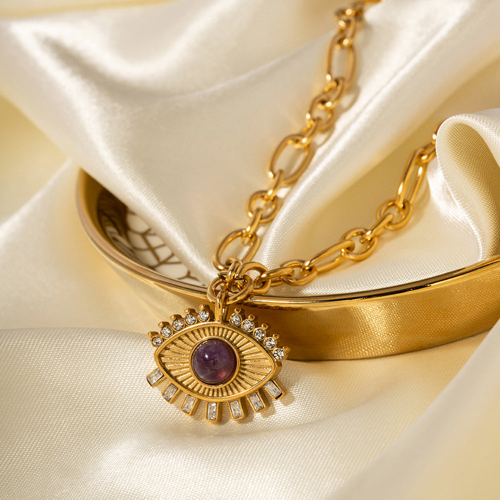 IG Style Devil'S Eye Stainless Steel 18K Gold Plated Natural Stone Pendant Necklace