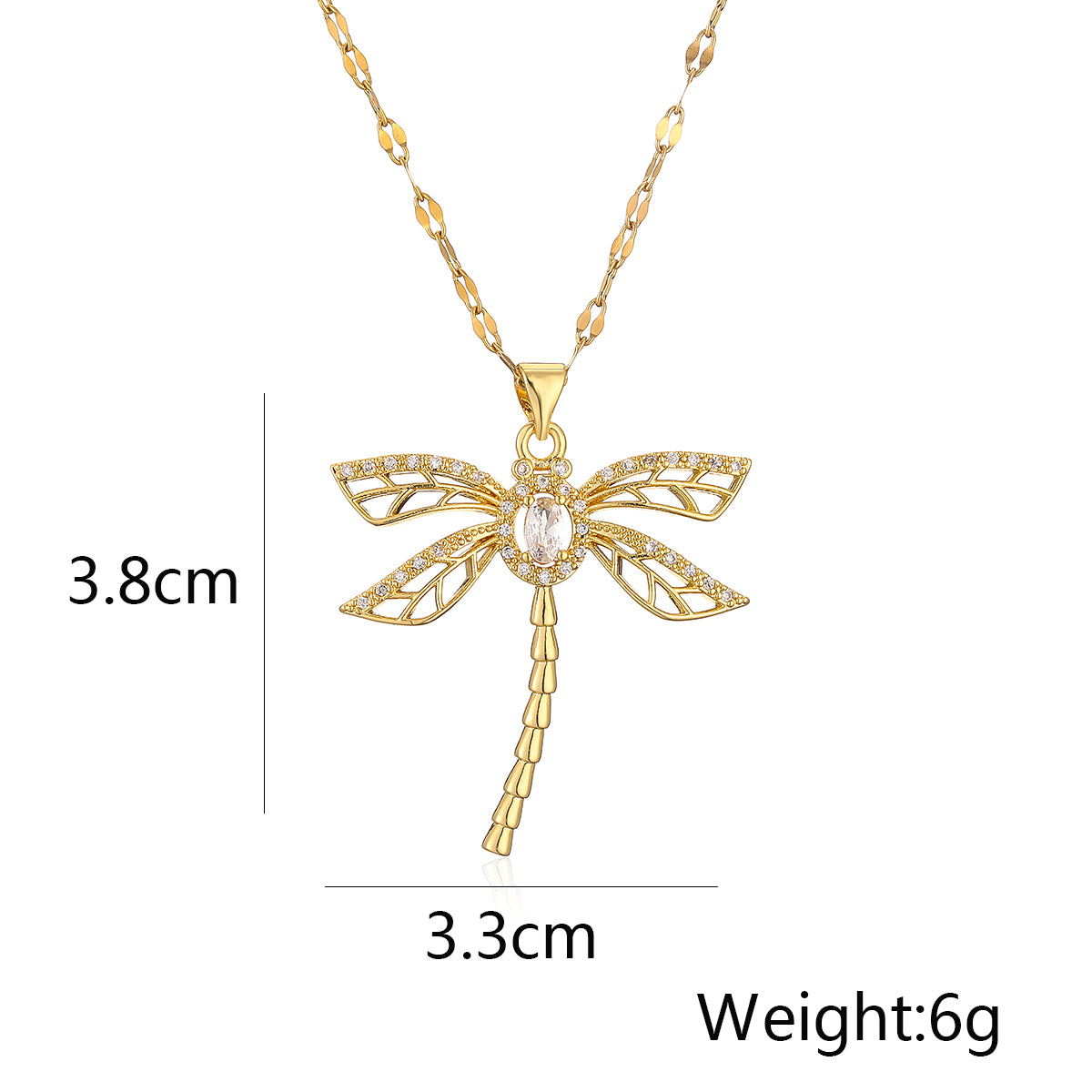 Dragonfly Copper Plating Inlay Zircon 18K Gold Plated Pendant Necklace