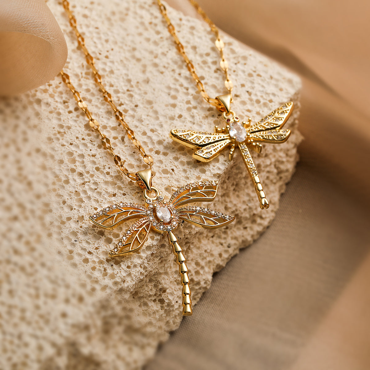 Dragonfly Copper Plating Inlay Zircon 18K Gold Plated Pendant Necklace