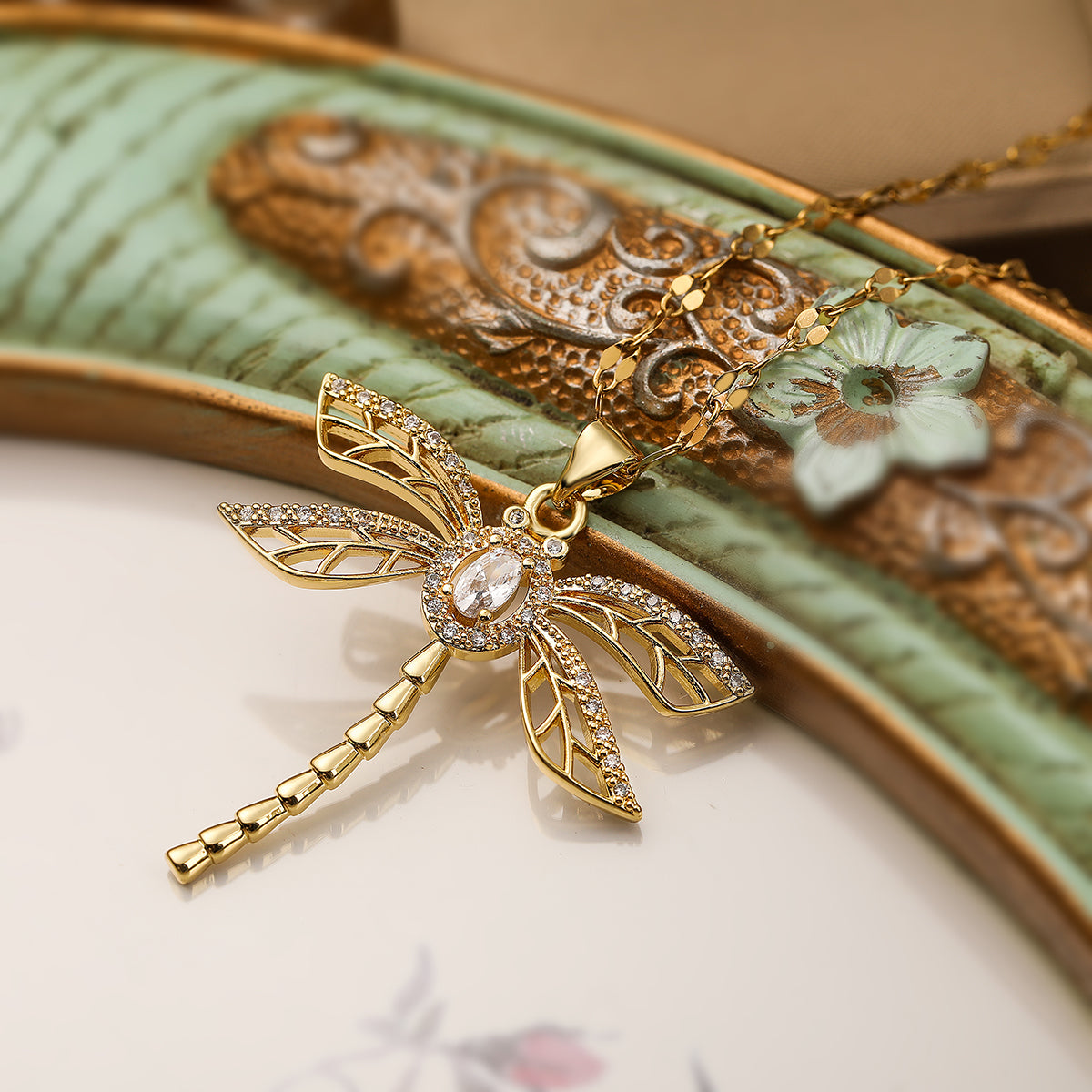 Dragonfly Copper Plating Inlay Zircon 18K Gold Plated Pendant Necklace