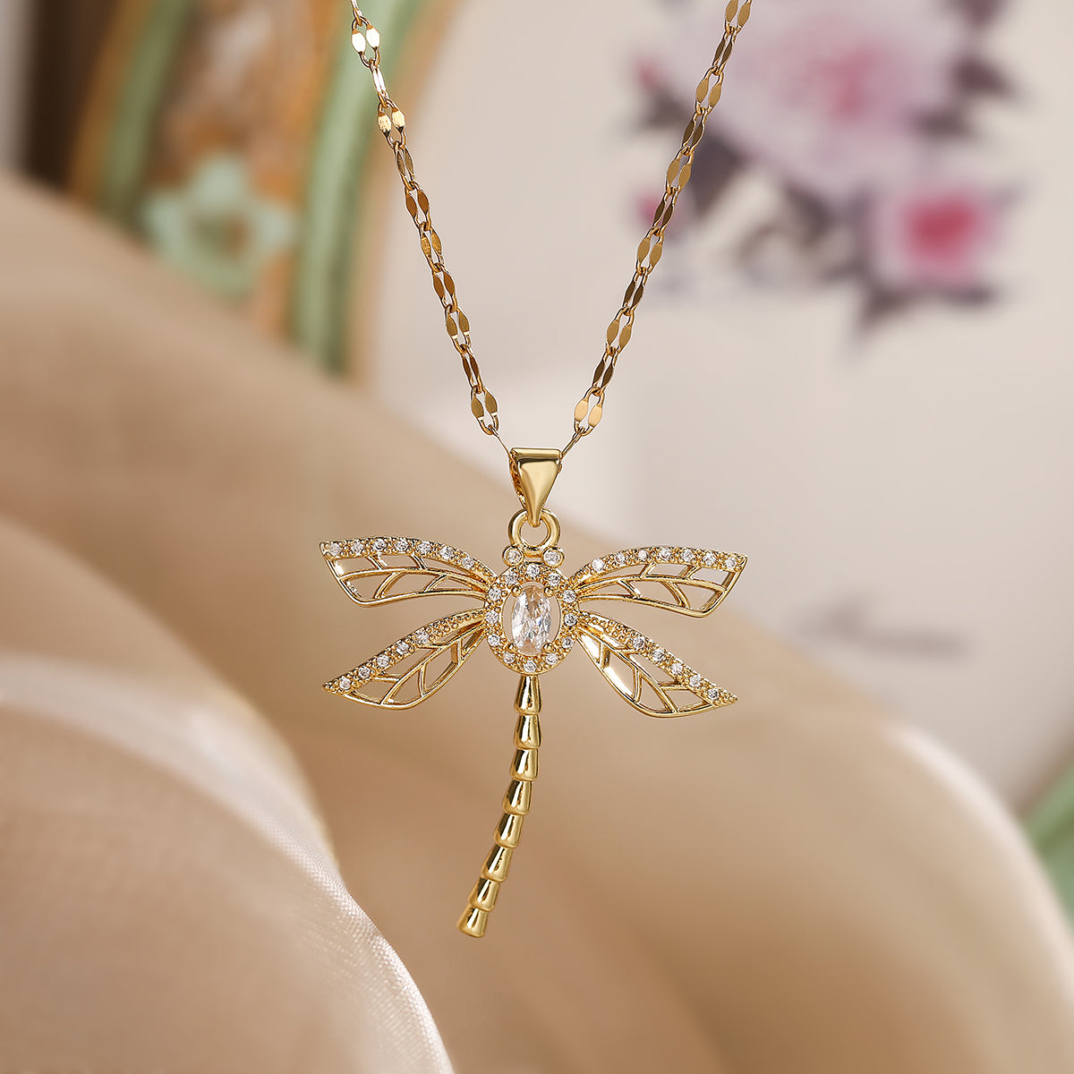 Dragonfly Copper Plating Inlay Zircon 18K Gold Plated Pendant Necklace