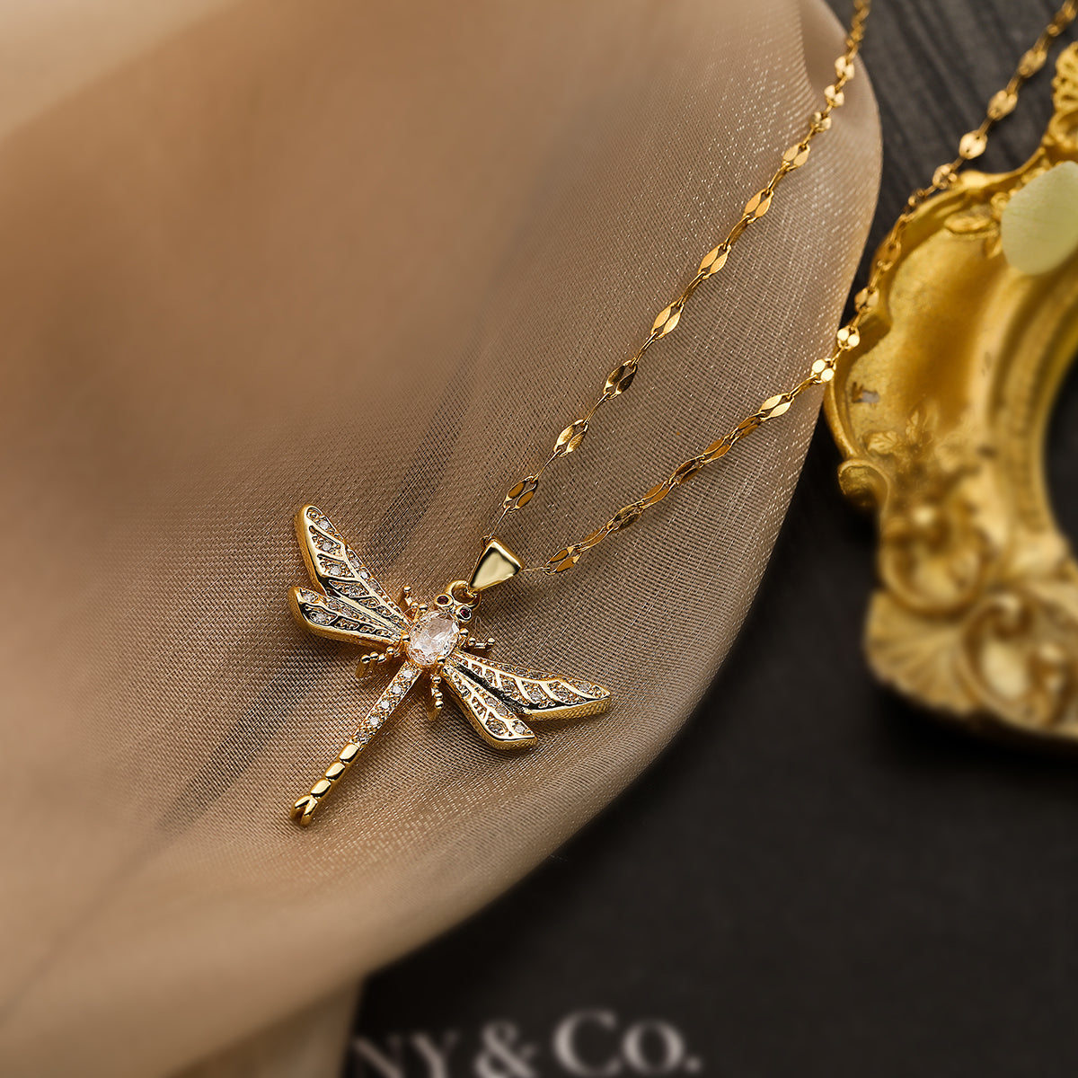 Dragonfly Copper Plating Inlay Zircon 18K Gold Plated Pendant Necklace