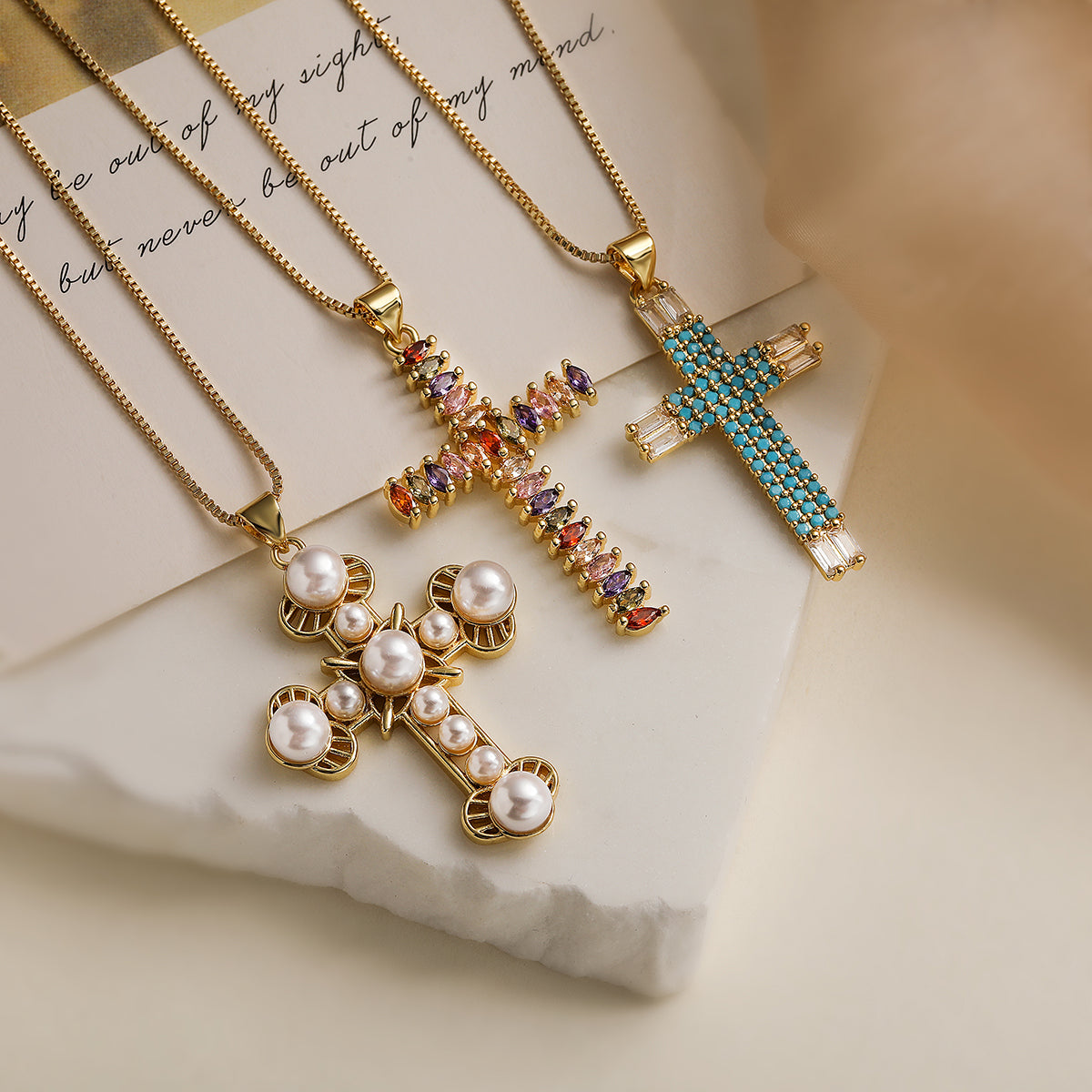 Cross Copper Plating Inlay Artificial Pearls Zircon 18K Gold Plated Pendant Necklace