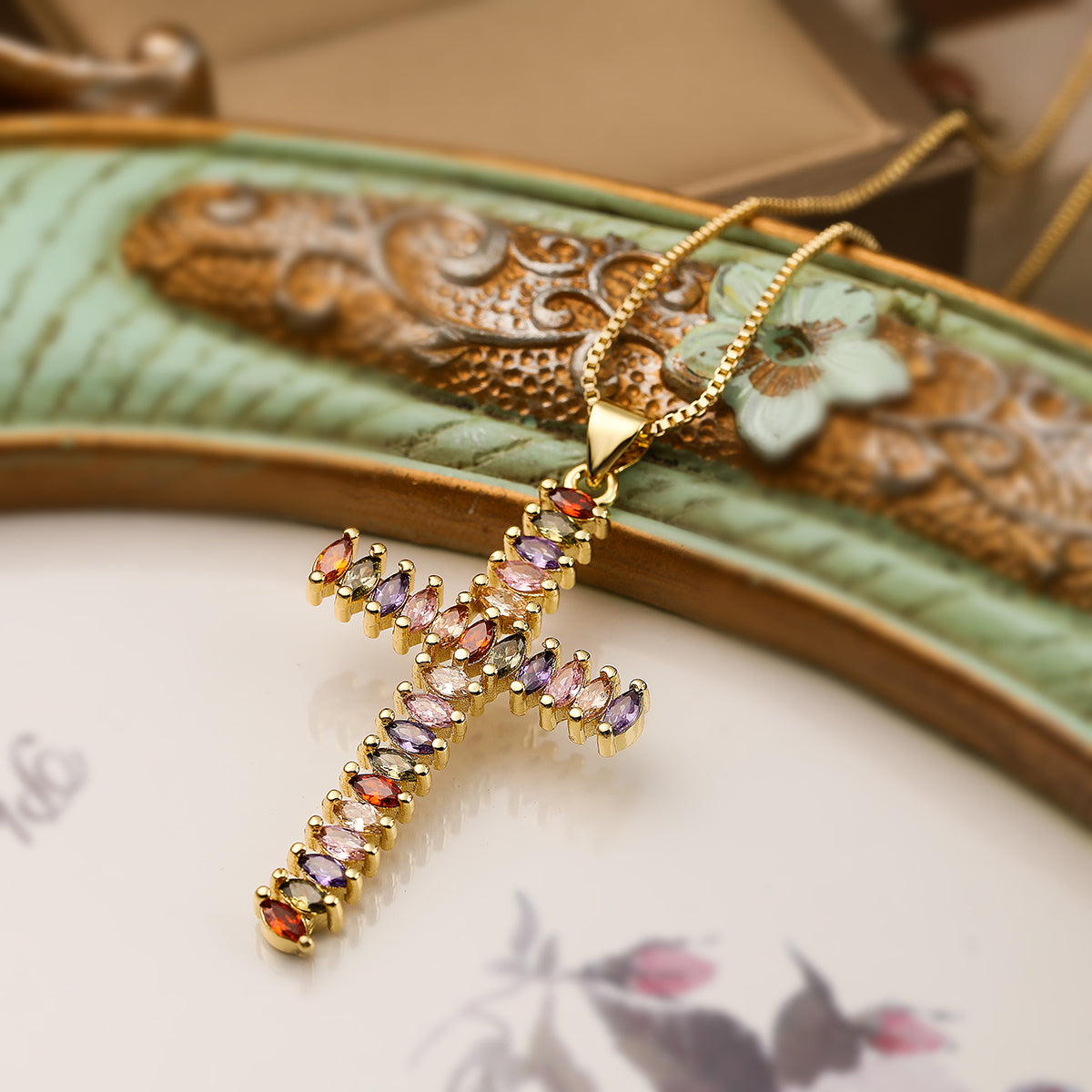 Cross Copper Plating Inlay Artificial Pearls Zircon 18K Gold Plated Pendant Necklace