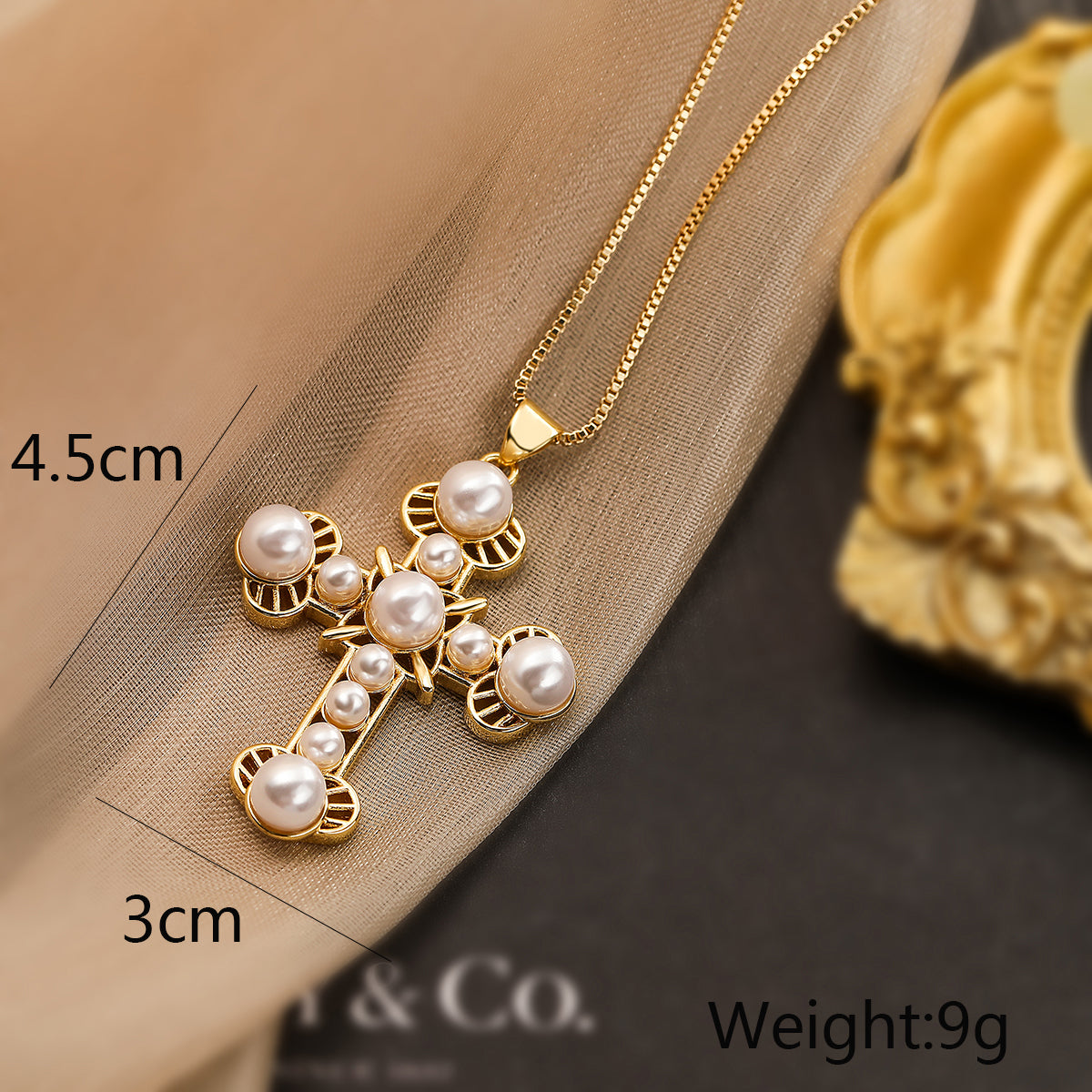 Cross Copper Plating Inlay Artificial Pearls Zircon 18K Gold Plated Pendant Necklace