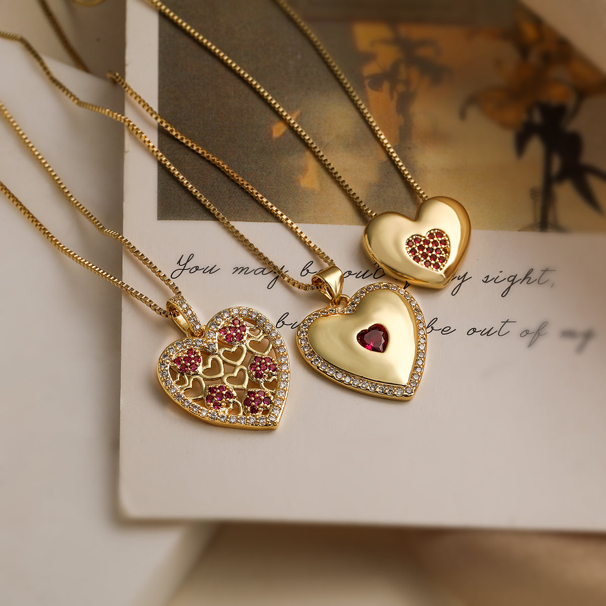 Heart Shape Copper Plating Inlay Zircon 18K Gold Plated Pendant Necklace