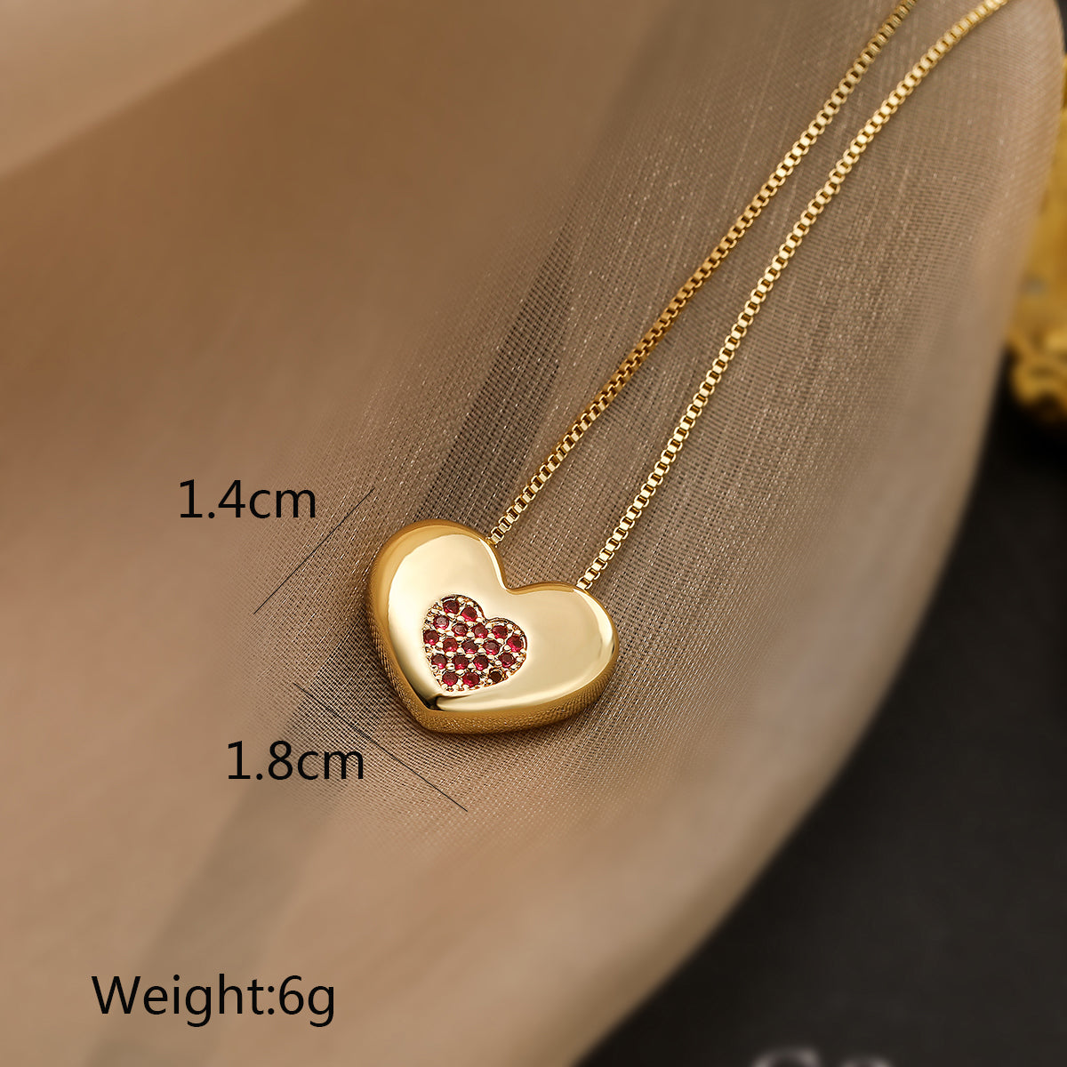 Heart Shape Copper Plating Inlay Zircon 18K Gold Plated Pendant Necklace
