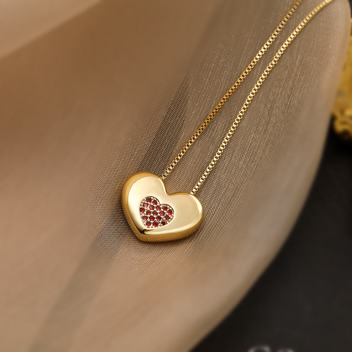 Heart Shape Copper Plating Inlay Zircon 18K Gold Plated Pendant Necklace