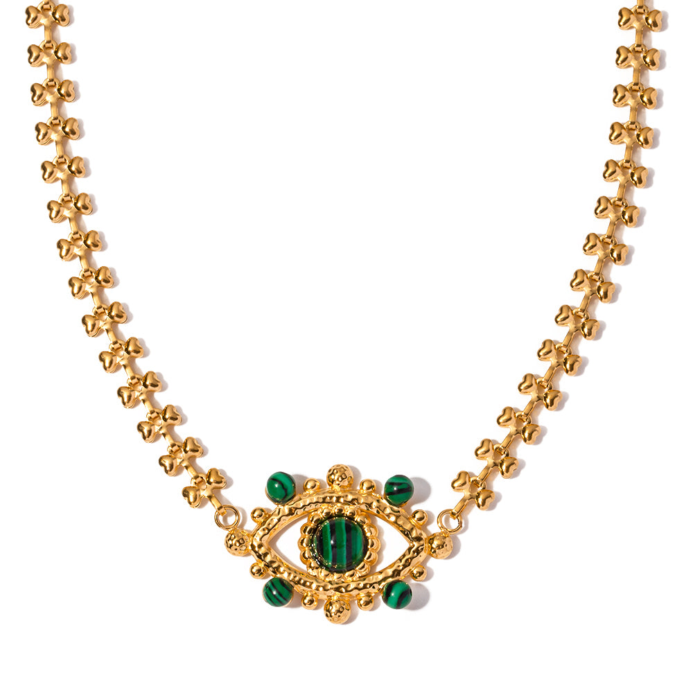 Devil'S Eye Stainless Steel Plating Hollow Out Inlay Malachite 18K Gold Plated Necklace
