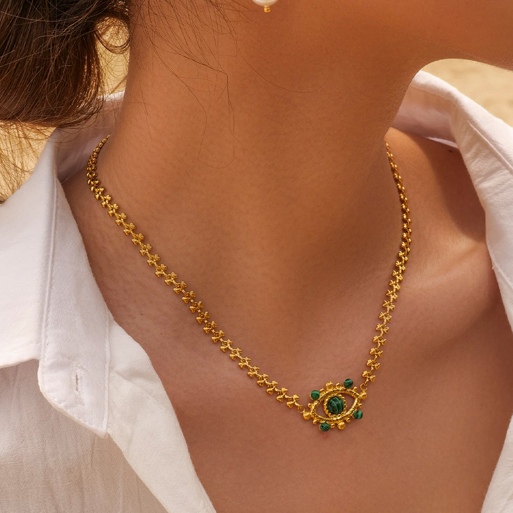 Devil'S Eye Stainless Steel Plating Hollow Out Inlay Malachite 18K Gold Plated Necklace
