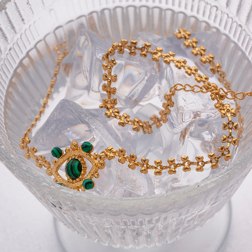Devil'S Eye Stainless Steel Plating Hollow Out Inlay Malachite 18K Gold Plated Necklace