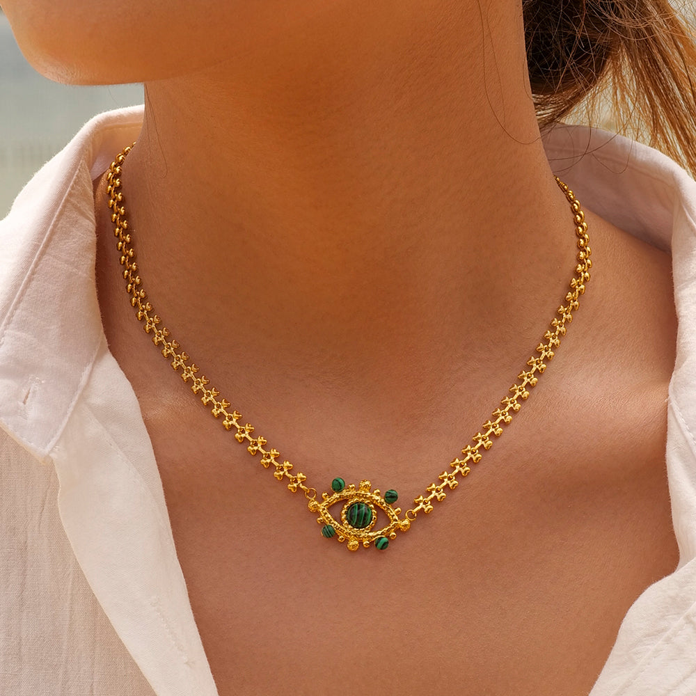 Devil'S Eye Stainless Steel Plating Hollow Out Inlay Malachite 18K Gold Plated Necklace