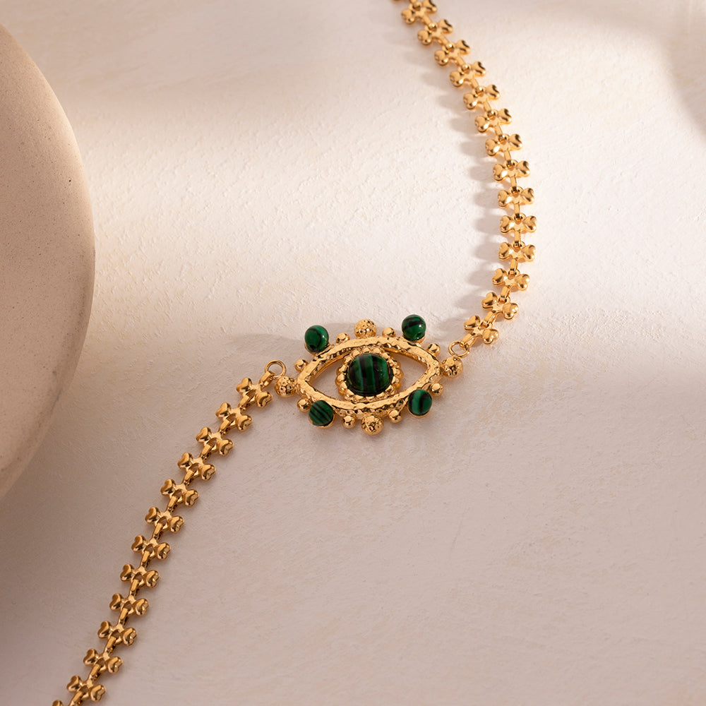 Devil'S Eye Stainless Steel Plating Hollow Out Inlay Malachite 18K Gold Plated Necklace