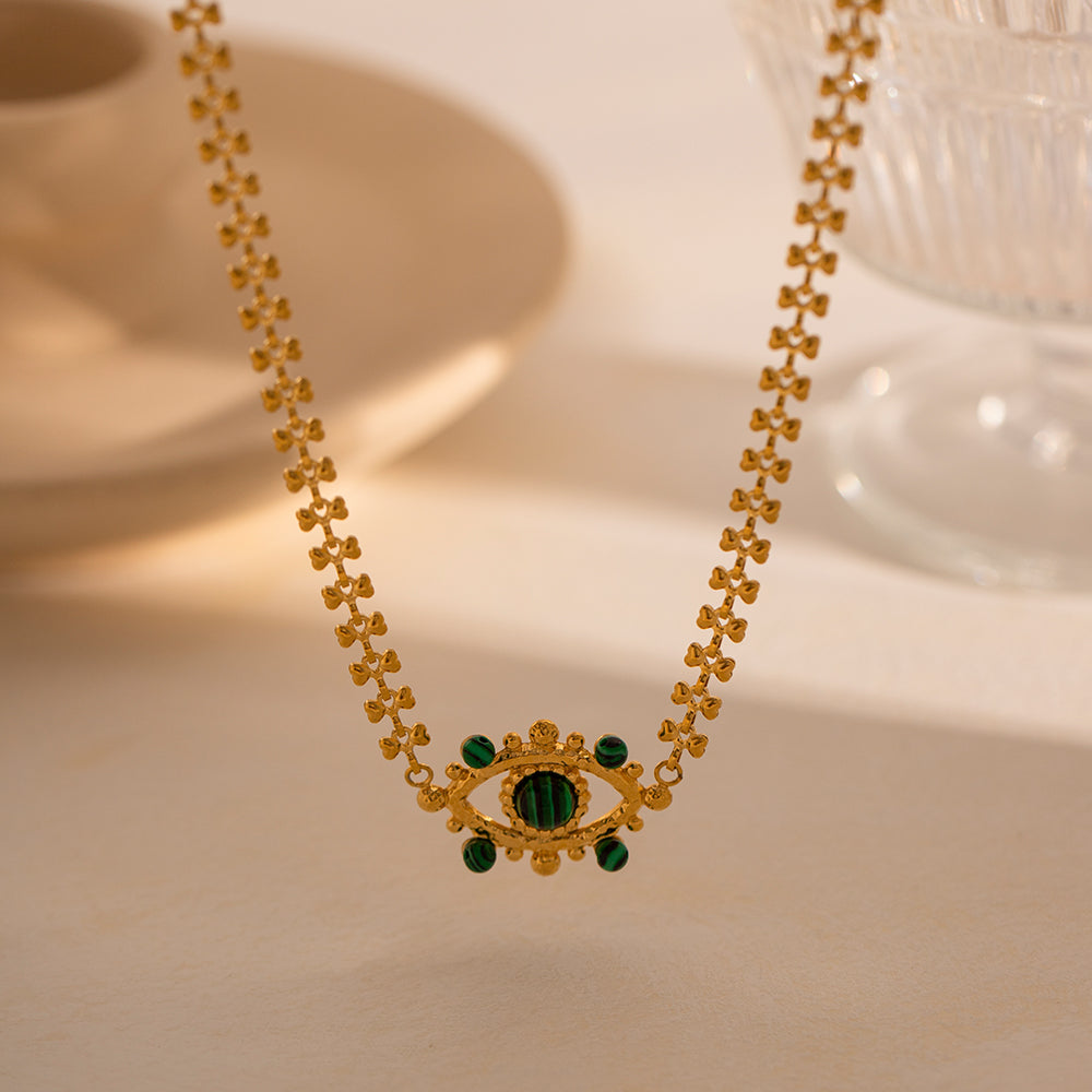 Devil'S Eye Stainless Steel Plating Hollow Out Inlay Malachite 18K Gold Plated Necklace