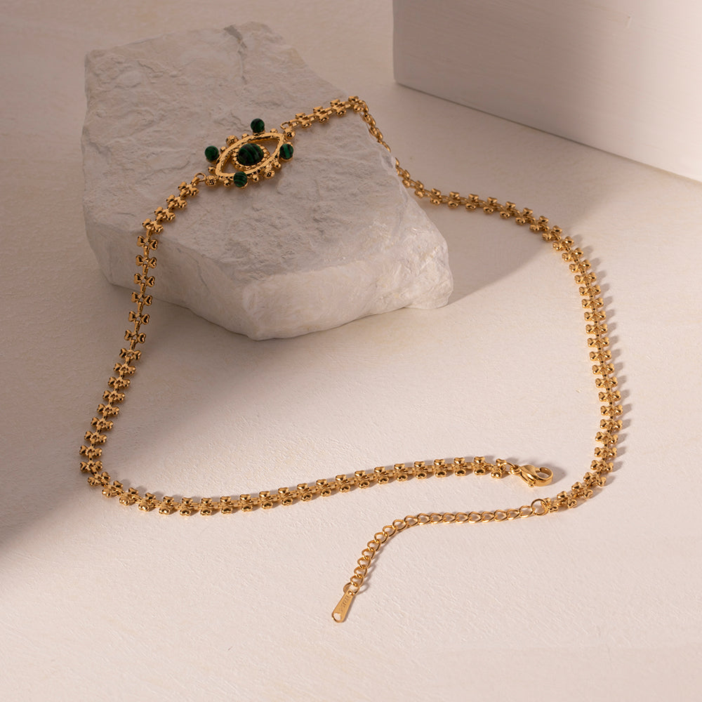 Devil'S Eye Stainless Steel Plating Hollow Out Inlay Malachite 18K Gold Plated Necklace
