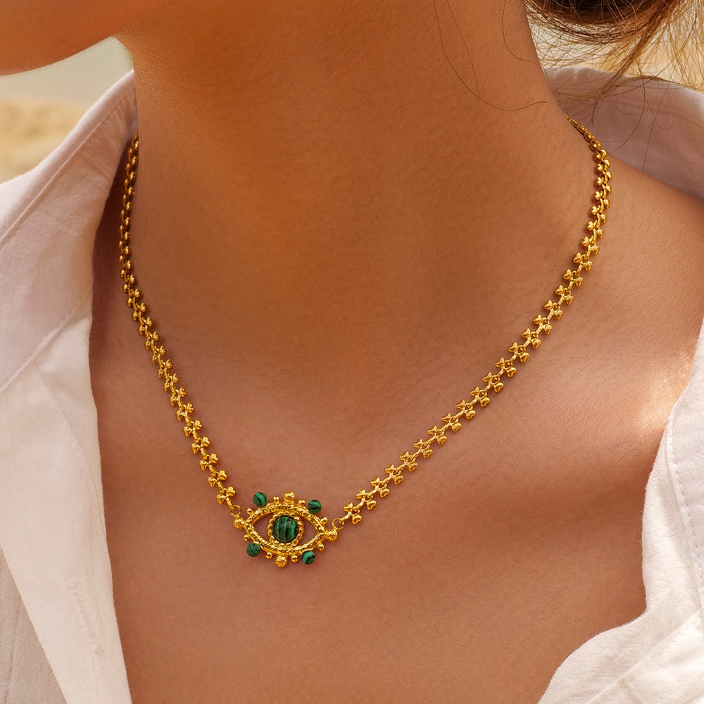 Devil'S Eye Stainless Steel Plating Hollow Out Inlay Malachite 18K Gold Plated Necklace