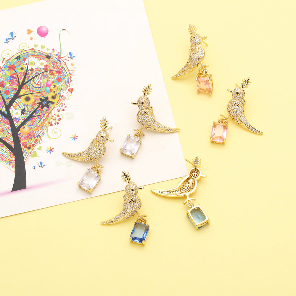 Bird Plating Inlay Copper Zircon 18K Gold Plated Drop Earrings