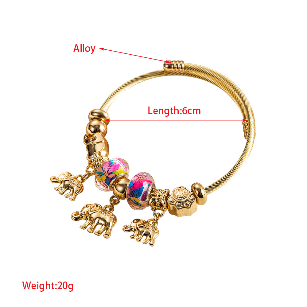 Elegant Heart Shape Eye Elephant Stainless Steel Alloy Beaded Bangle