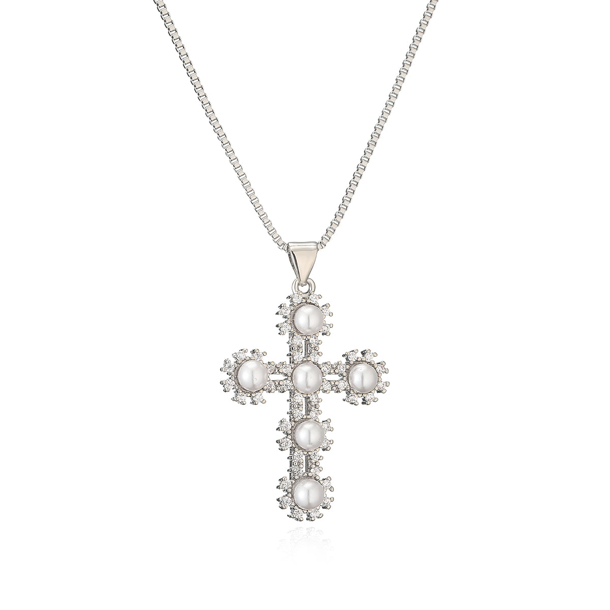 Cross Copper Plating Inlay Artificial Pearls Zircon 18K Gold Plated Pendant Necklace