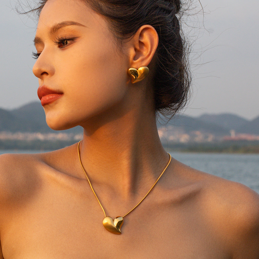 Simple Style Heart Shape Stainless Steel Plating 18K Gold Plated Earrings Necklace