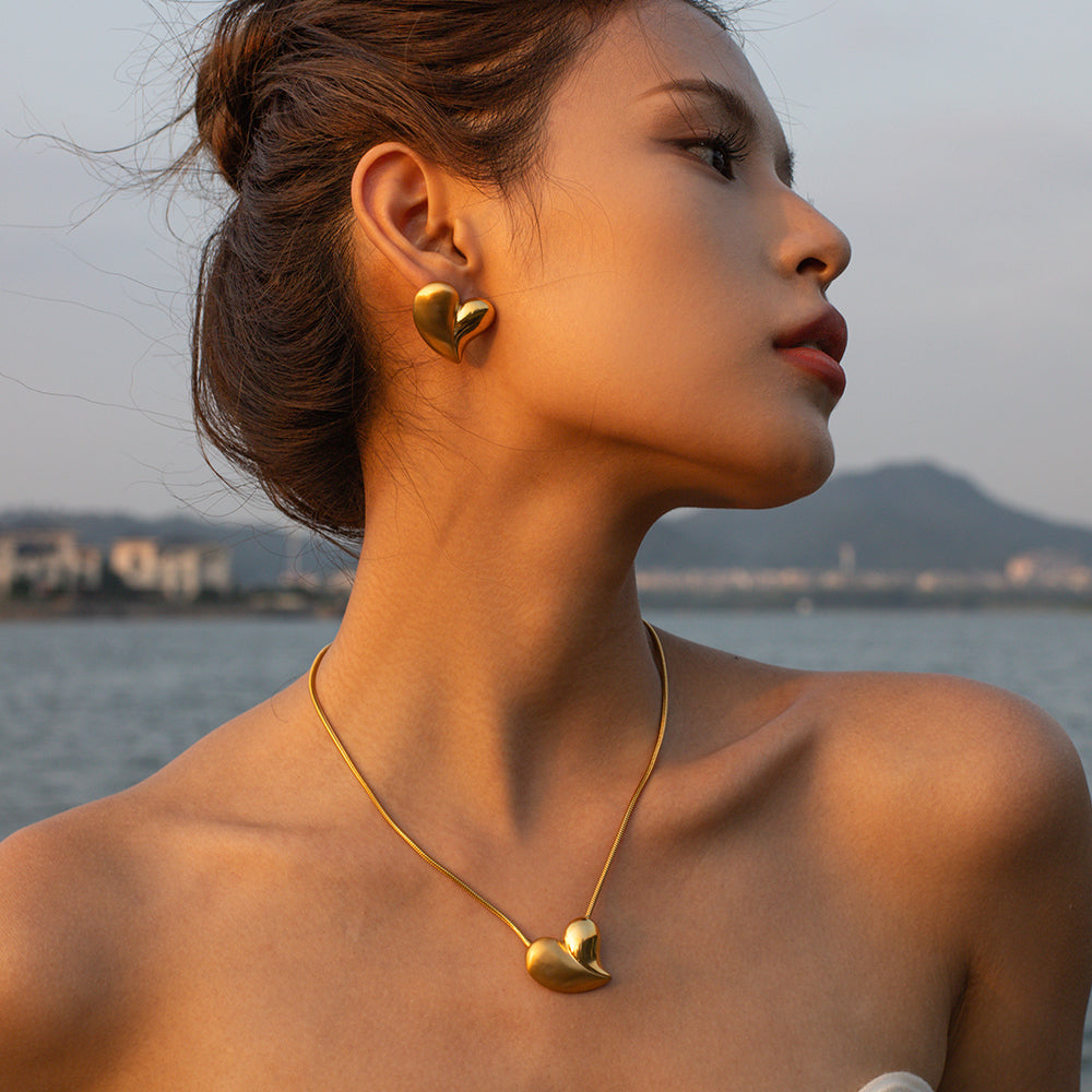 Simple Style Heart Shape Stainless Steel Plating 18K Gold Plated Earrings Necklace