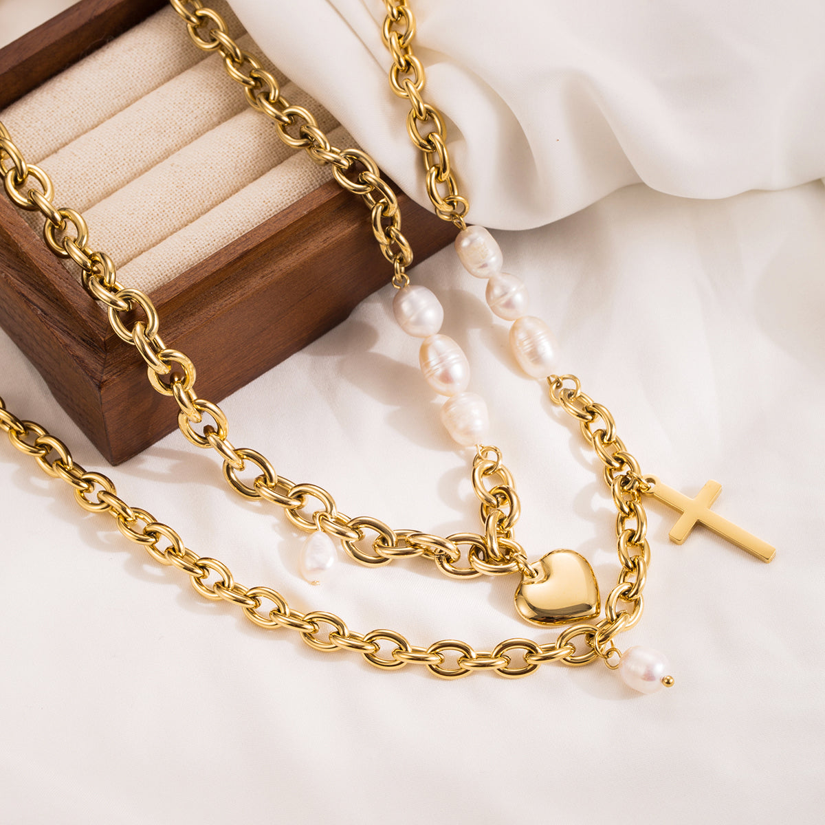 Stainless Steel Love or Cross Pendant Necklace With Pearls