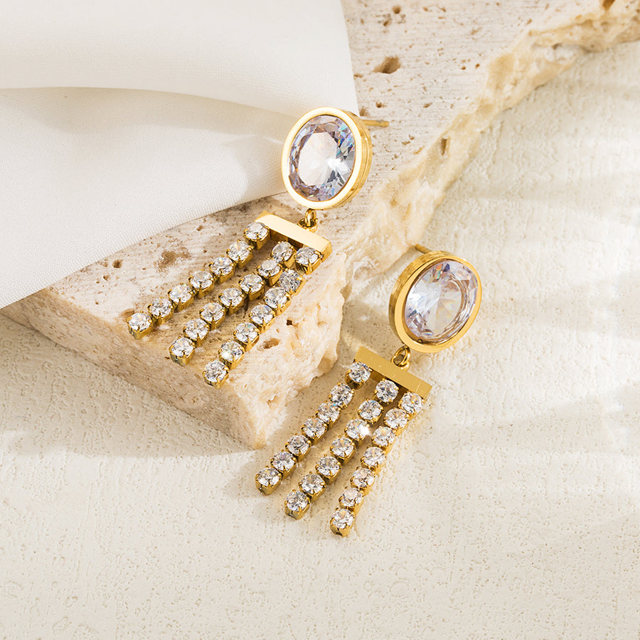 Elegant Round Stainless Steel Zircon Drop Earrings